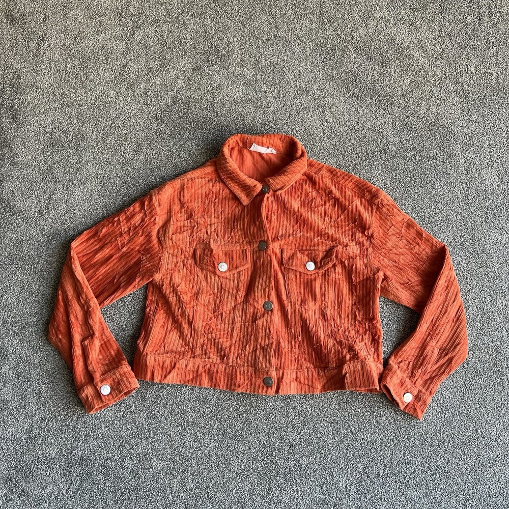 Double Zero Womens Small Orange Corduroy Cropped Trucker Jacket DZ19A495 Stretch